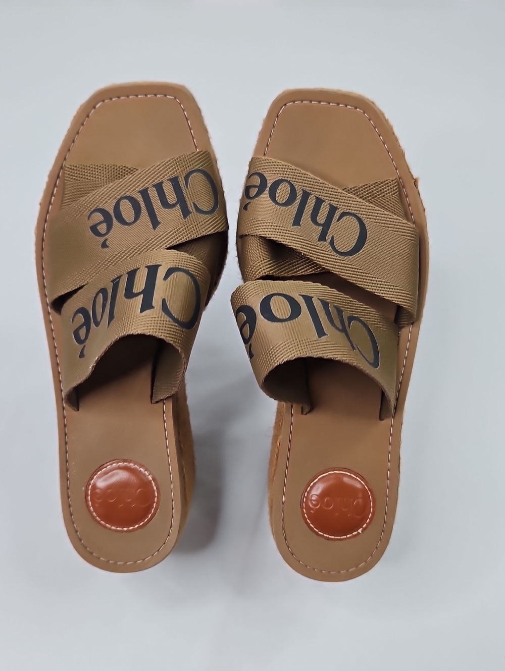 Chloe Woody Logo Tan  Wedge Slide Sandals Mules Size 38